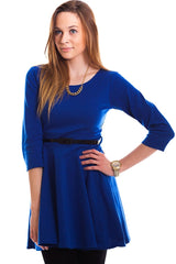 Kaamastra Royal Blue Plain Belted Skater Dress