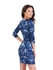 Kaamastra Woman's Splendid Cloud Print Tie Dye 3/4 Sleeve Round Neck Midi Dress