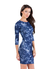Kaamastra Woman's Splendid Cloud Print Tie Dye 3/4 Sleeve Round Neck Midi Dress