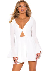 Kaamastra White Ruffle Long Bell Sleeve Neck A Line Dress