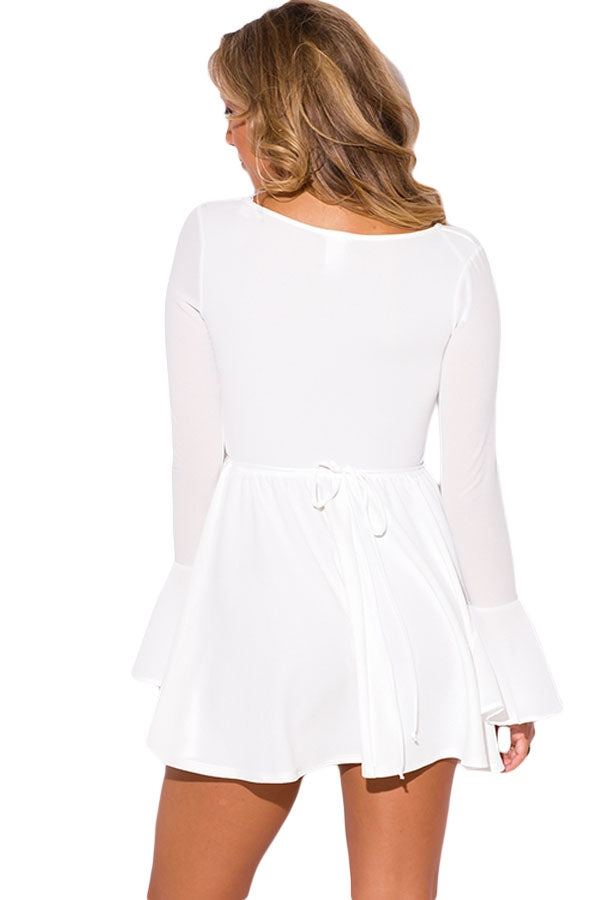 Kaamastra White Ruffle Long Bell Sleeve Neck A Line Dress