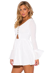 Kaamastra White Ruffle Long Bell Sleeve Neck A Line Dress