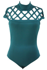 Kaamastra  Hollow Out Shoulder High Neck Green Sexy Women Bodysuit