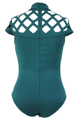 Kaamastra  Hollow Out Shoulder High Neck Green Sexy Women Bodysuit