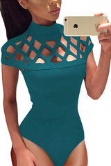 Kaamastra  Hollow Out Shoulder High Neck Green Sexy Women Bodysuit
