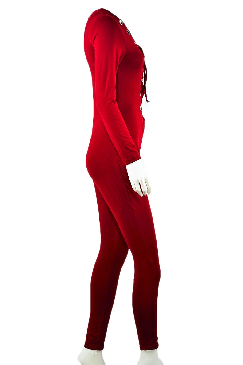 Kaamastra Wine Deep V Neck Lace up Front Onesies