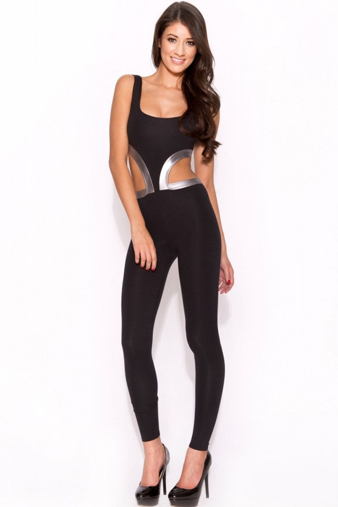 Kaamastra Black Cutout Jumpsuit with Silver Bandage Trim