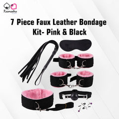 The image showcases a 7-piece faux leather bondage kit in pink and black, including wrist handcuffs, ankle cuffs, nipple clamps, a whip, a mouth ball gag, a blindfold, and a collar with a leash.