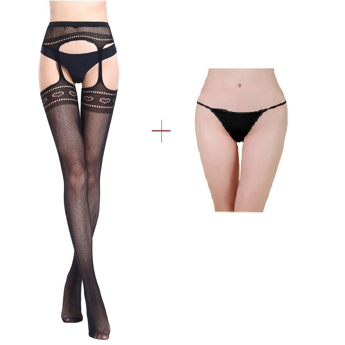 Kaamastra Black Suspender Pantyhose Stockings with Thong 6066