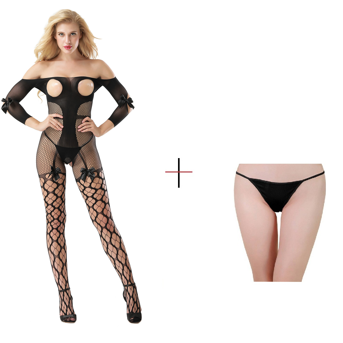 Kaamastra Black Fishnet Stripes Body stocking with Thong