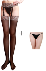 Kaamastra Garter Belts Stockings Set, Leopard Sheer Lace Top & Free Thong