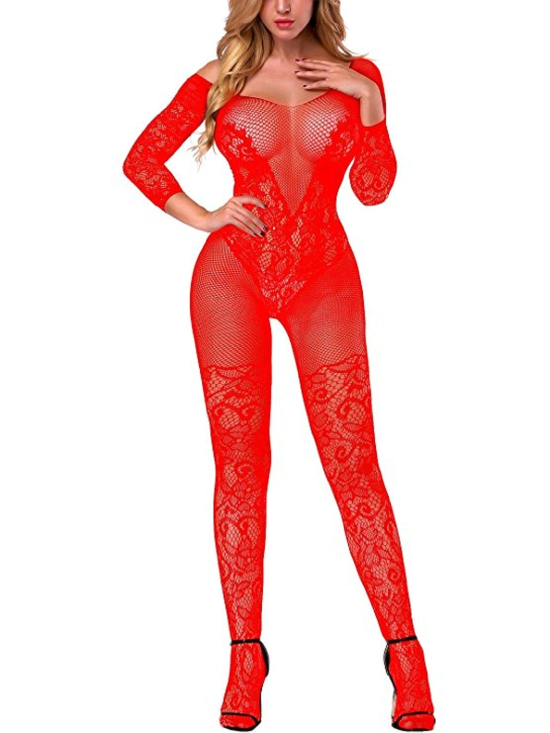 Kaamastra Fishnet Open Crotch Long Sleeve Bodystocking & Free Thong Red