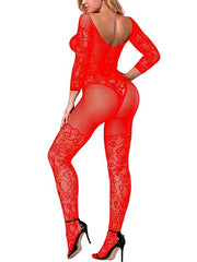 Kaamastra Fishnet Open Crotch Long Sleeve Bodystocking & Free Thong Red