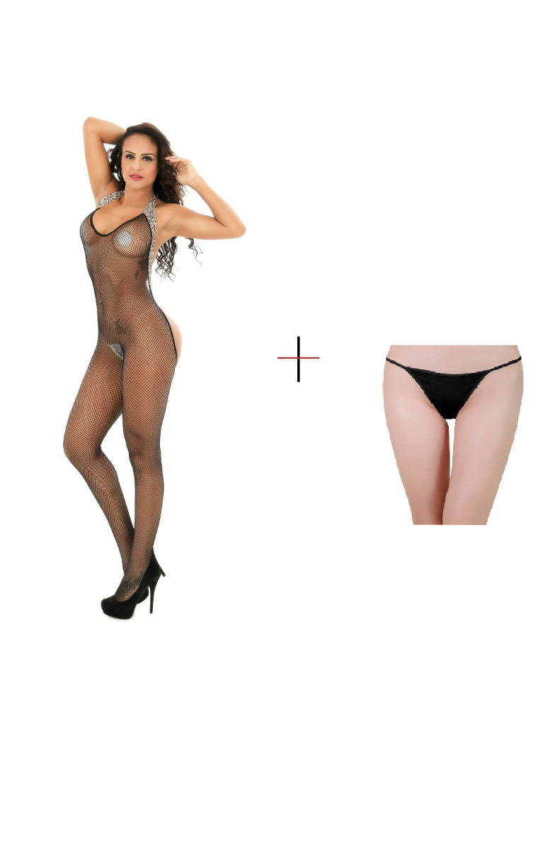 Kaamastra Black Open Back Fishnet Women's Bodystocking with Thong