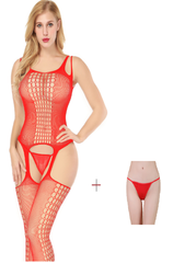 Kaamastra Red Fishnet Suspender Bodystockings & Free Thong