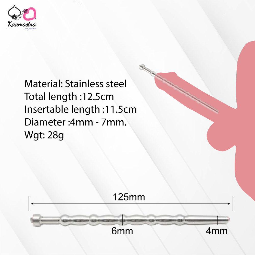 Technical specifications of Kaamastra urethral rod showing 12.5cm length with 4-7mm bead progression