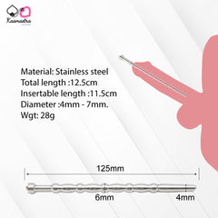 Technical specifications of Kaamastra urethral rod showing 12.5cm length with 4-7mm bead progression