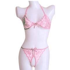Kaamastra Lace Open Bra Crotchless Thong Bikini Set - Pink