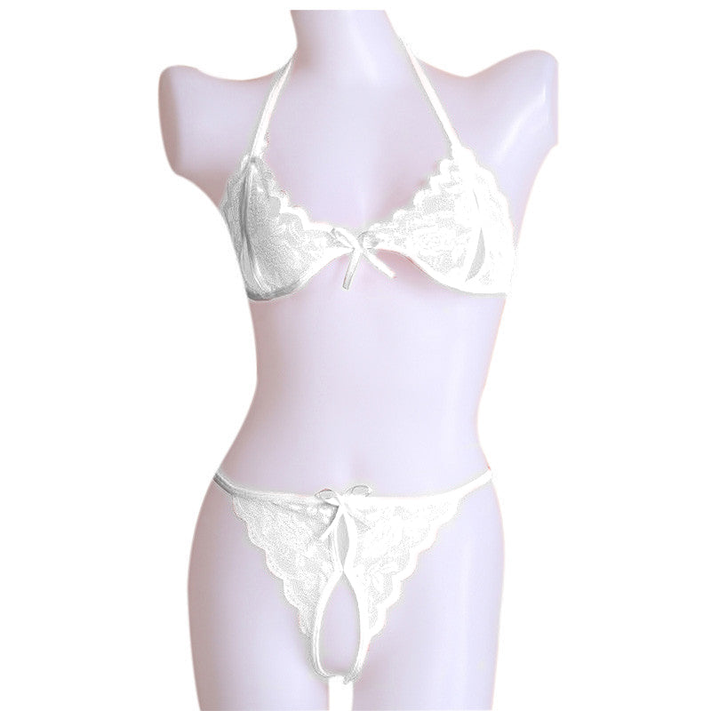 Kaamastra Lace Open Bra Crotchless Thong Bikini Set - White