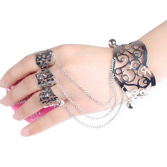 Kaamastra Cuff Bangle Bracelet Chain with 3 Opening Rings Set for Women silver