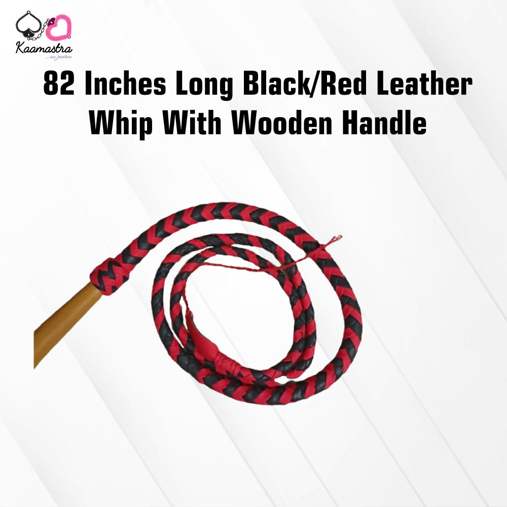 Kaamastra 82 Inches Long Black/Red Leather Whip With Wooden Handle