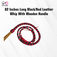 Kaamastra 82 Inches Long Black/Red Leather Whip With Wooden Handle