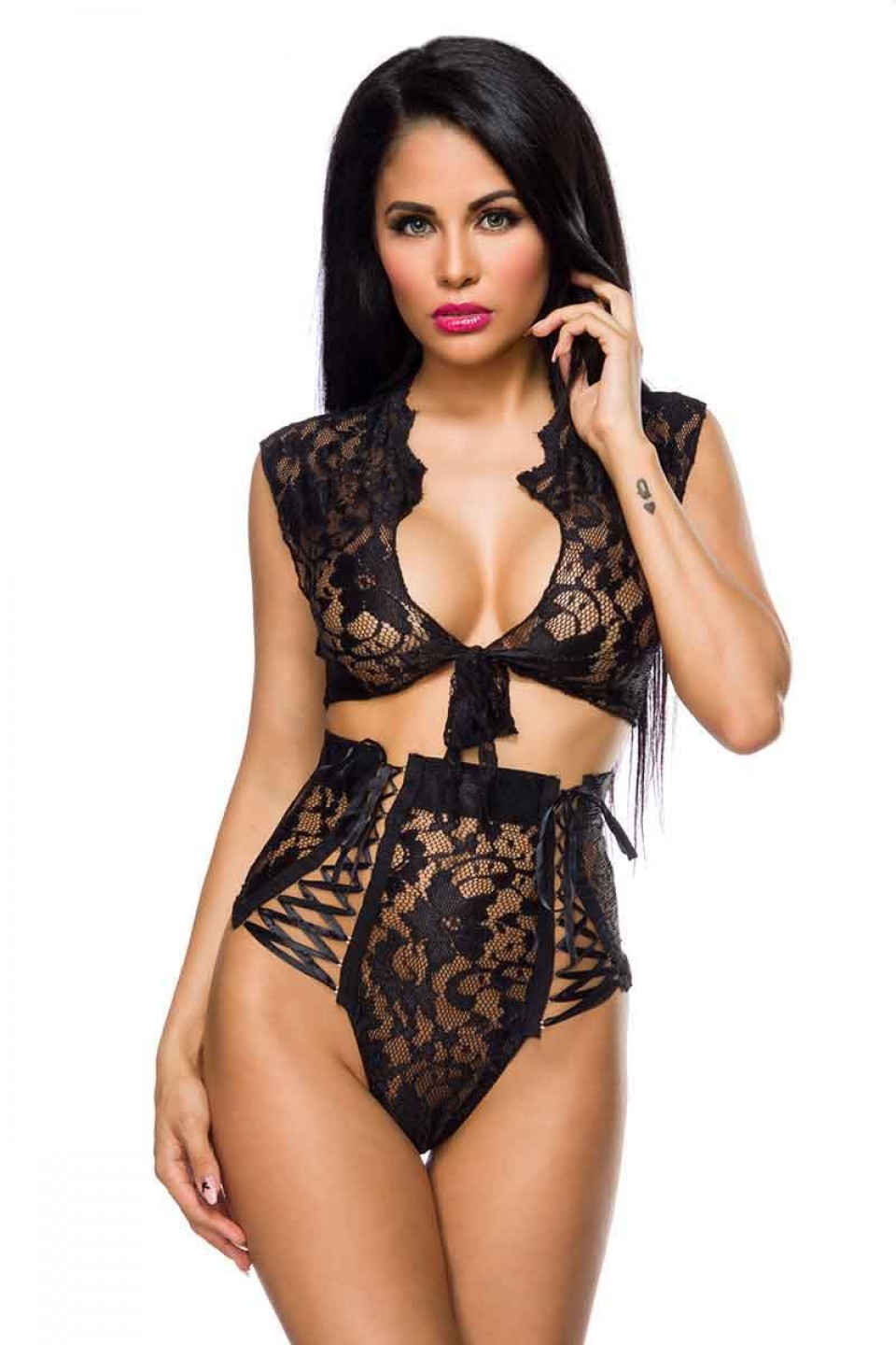 Kaamastra Lace Top and High-Tied Waisted Panties - Black