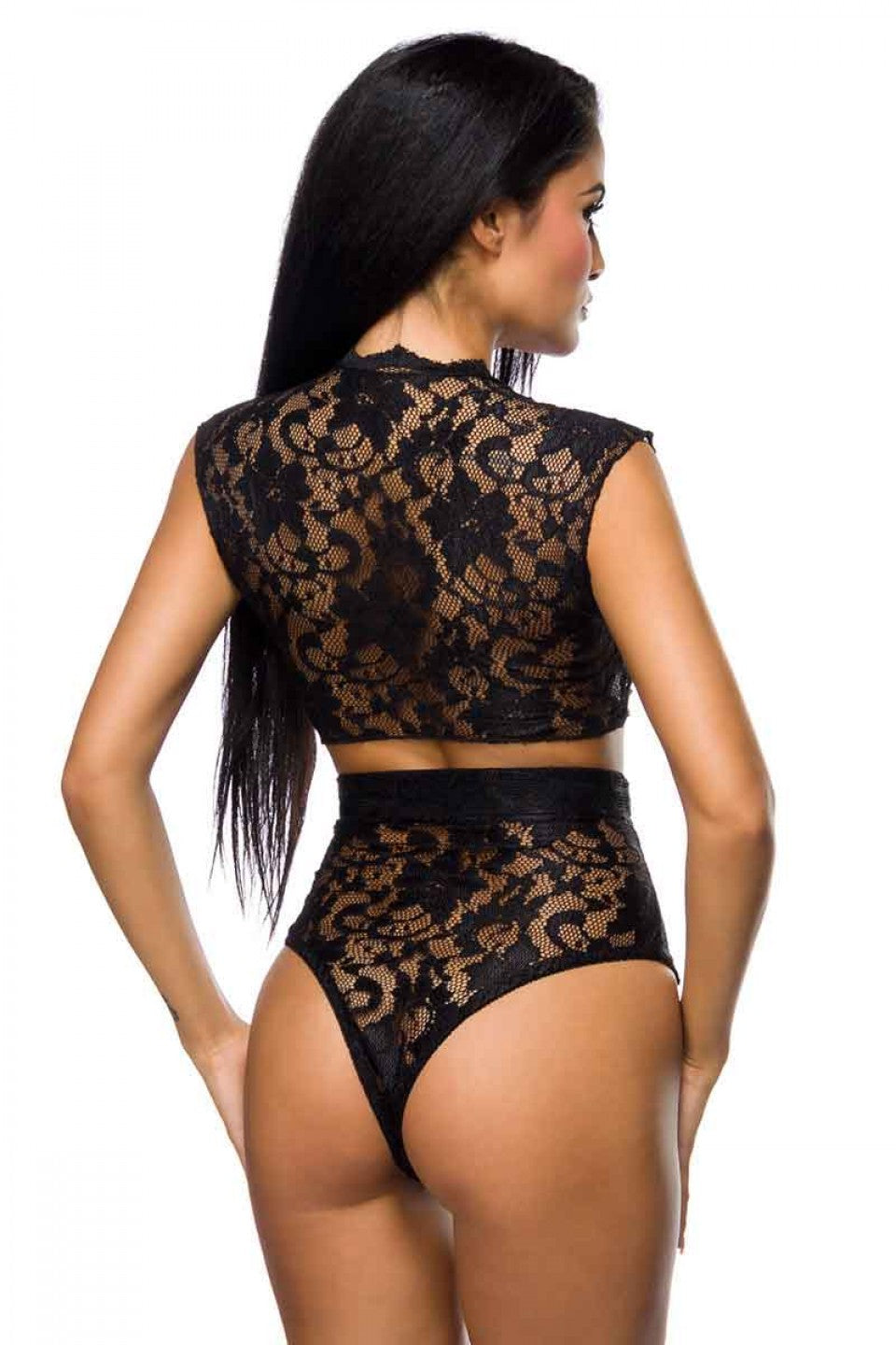 Kaamastra Lace Top and High-Tied Waisted Panties - Black