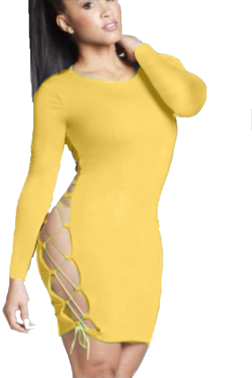 Kaamastra Yellow Sexy Side Lace Bodycon Dress